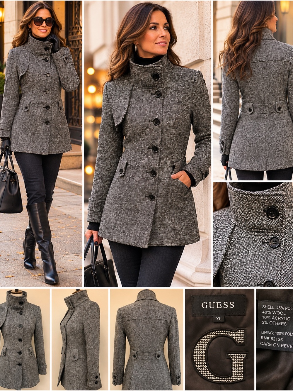 Guess Gray Tweed Peacoat with High Collar Xl Y2K-Dark academia